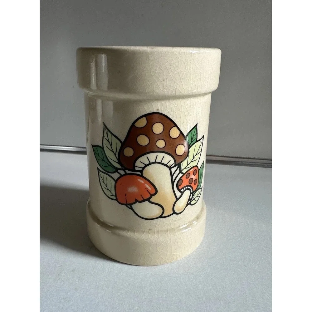 Vintage Merry Mushroom Crock Utensil Holder 70s Retro Cottage Core Decor